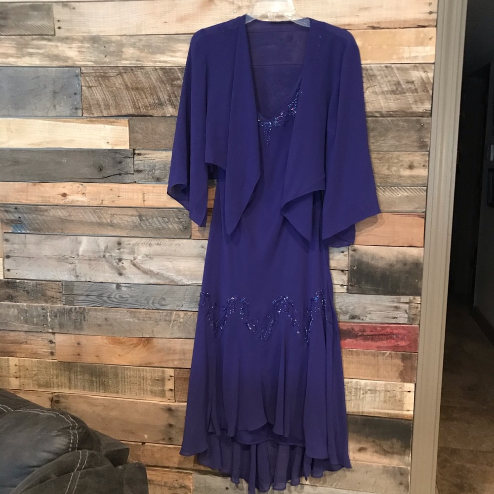 Purple hi/low cocktail dress with shrug